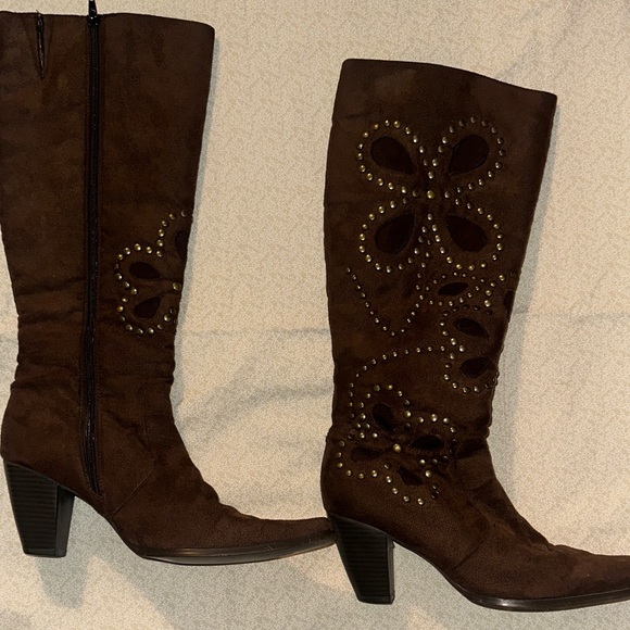 Brown Faux Suede Knee-High Boots - Picture 2 of 9
